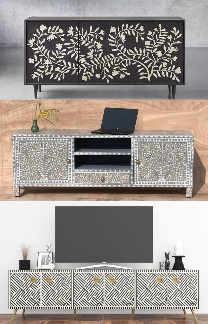 bone inlay media cabinet inlay entertainment unit mother of pearl inlay tv unit