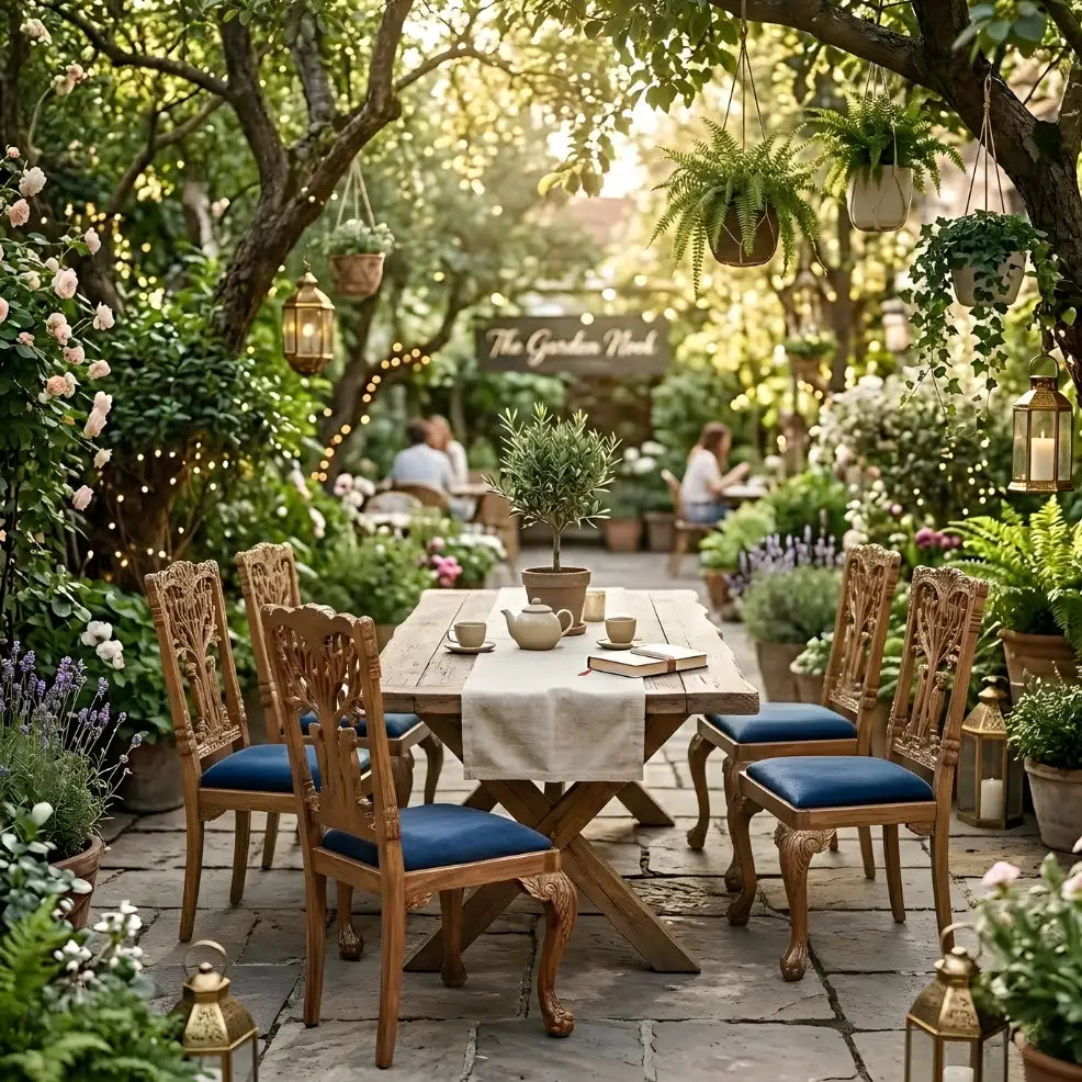 Outdoor cafe seating with wooden chairs and a rustic table surrounded by lush greenery.