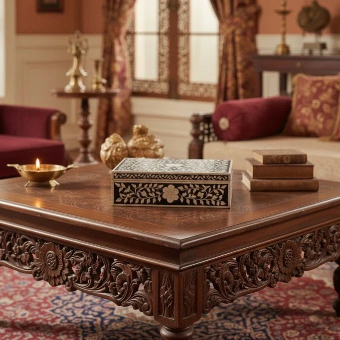 Floral Pattern Bone Inlay Decorative Box in Living Room