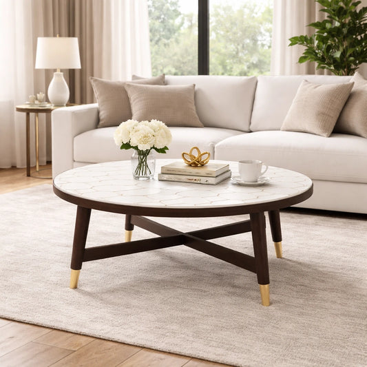 Honeycomb Brass Inlay White Marble Coffee Table
