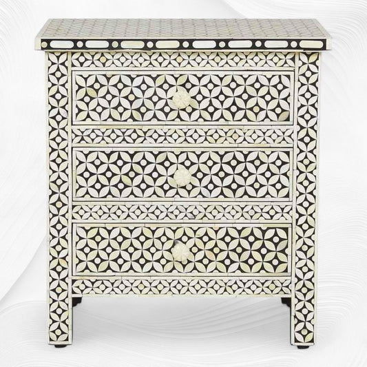 Black Bone Inlay 3 Drawer Bedside Geometric
