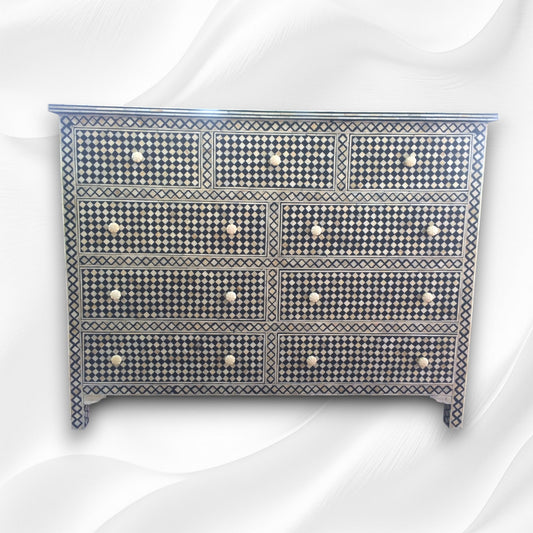 Black Bone Inlay 9 Drawer Checks Design Chest