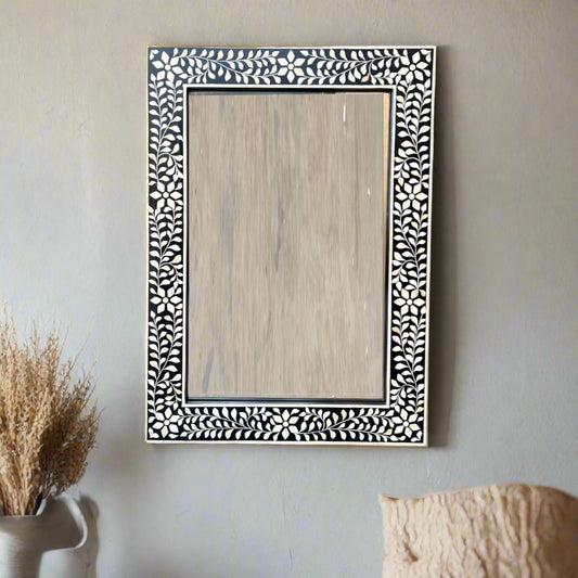 Black Bone Inlay Floral Rectangle Mirror