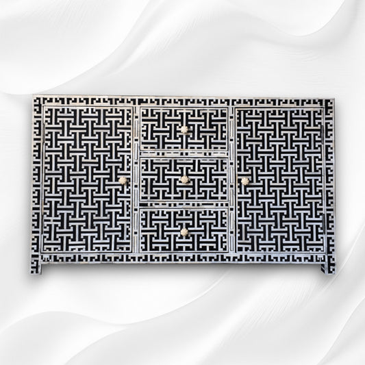 Black Bone Inlay Tic Tac 3 Drawer 2 Door Sideboard