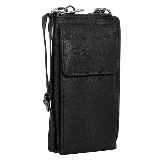 Black leather wallet with a strap