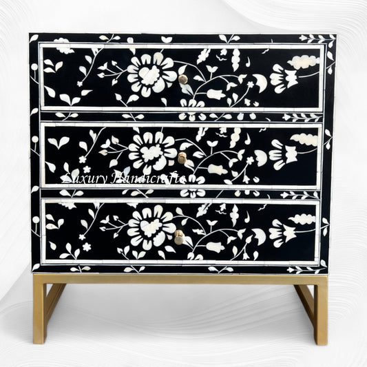 Elegant Blooming Flowers Bone Inlay Bedside Table in Black with Intricate Floral Patterns