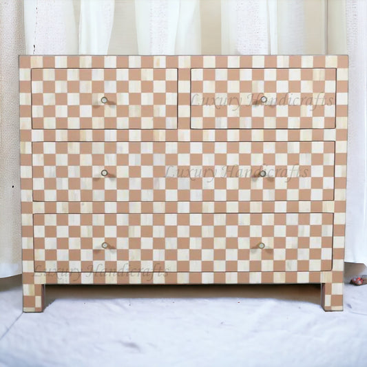 Bone Inlay 4 Drawer Checkerboard Dresser Almond