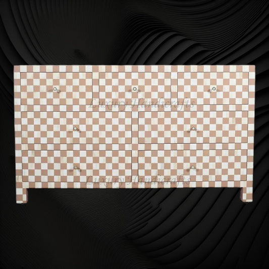 Bone Inlay 7 Drawer Checkerboard Dresser Almond 1