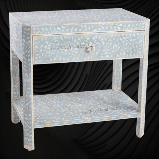 Bone Inlay Edge Floral Bedside Table in Turquoise for Bedroom Decor