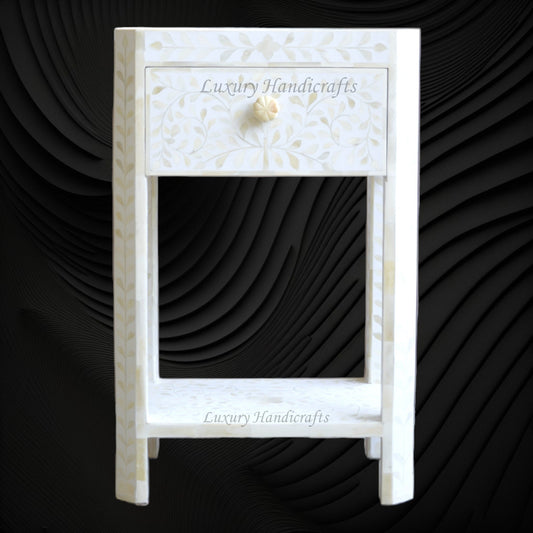 White Bone Inlay Edge Floral Bedside Table for Bedroom
