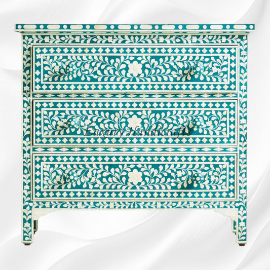 Bone Inlay 3 Drawer Chest Floral Design Teal Green