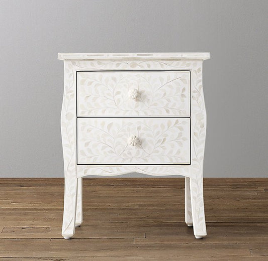 Bone Inlay Curved 2 Drawer Bedside Floral Design White 1