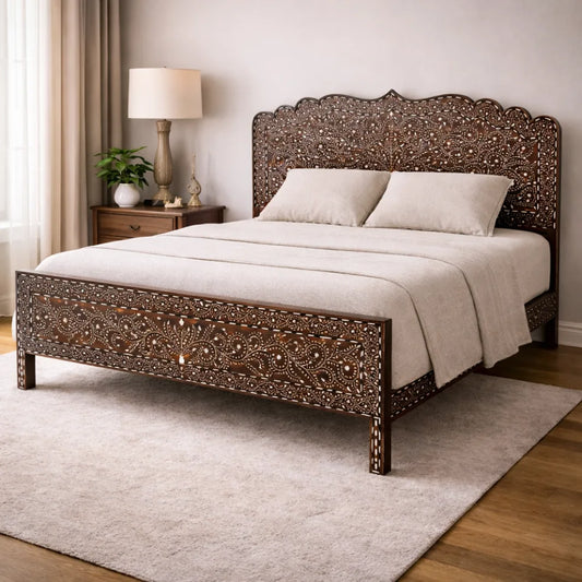 bone inlaid teakwood bed mehraab walnut finish carved headboard double bed