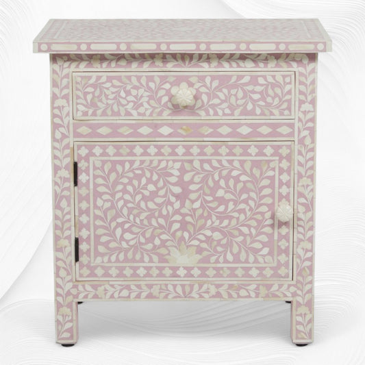 Bone Inlay Bedside Floral 1 Drawer 1 Door Blush Pink 4