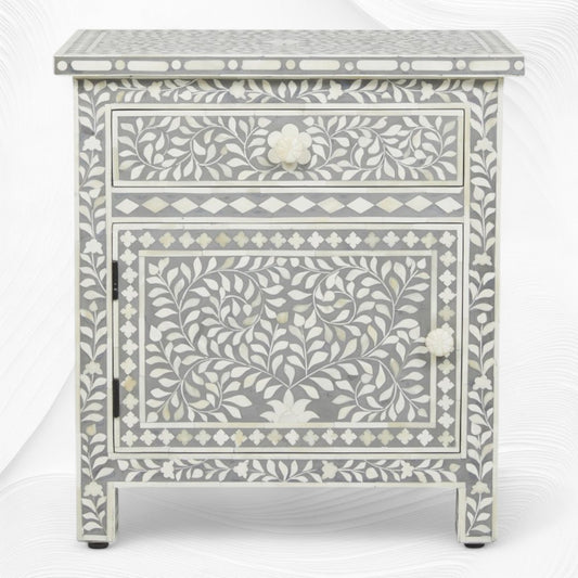 Bone Inlay Bedside Floral 1 Drawer 1 Door Grey