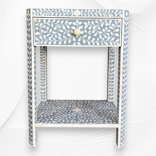 Handmade Grey Bone Inlay Floral Bedside Table – Ready to Ship Nightstand Online