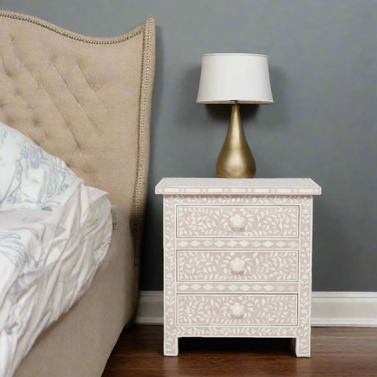 Bone Inlay Floral 3 Drawer Bedside Blush Pink