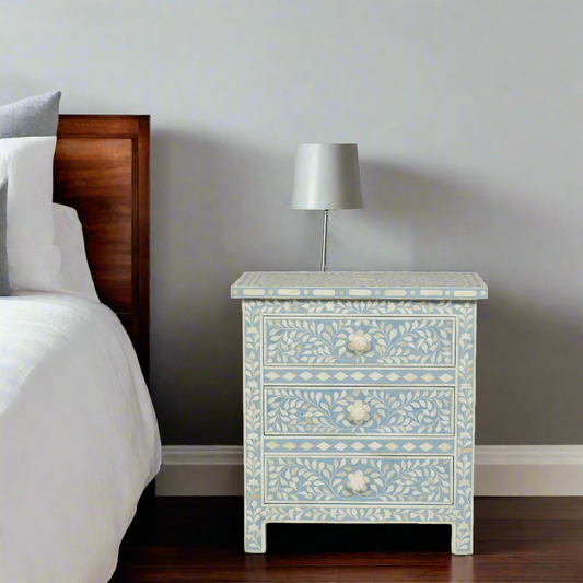 Bone Inlay Floral 3 Drawer Bedside Light Blue
