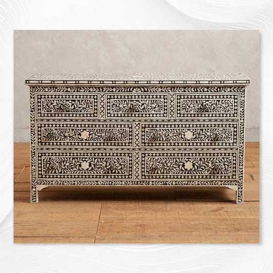 Bone Inlay Floral Chest of 7 Drawers Black
