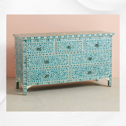 Bone Inlay Floral Chest of 7 Drawers Teal Green