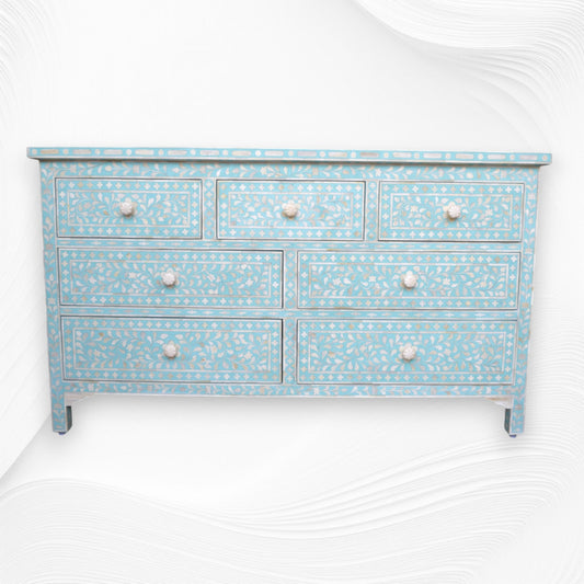 Bone Inlay Floral Chest of 7 Drawers Turquoise