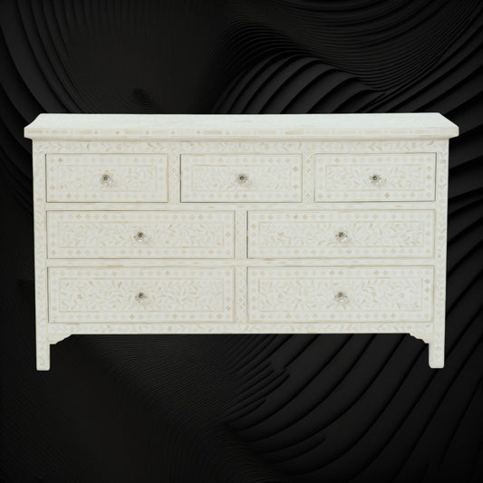 Bone Inlay Floral Chest of 7 Drawers White