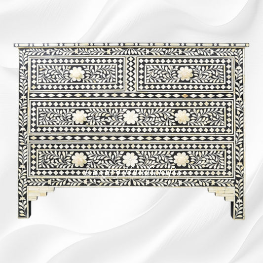Bone Inlay Floral Chest of 4 Drawer Black 1