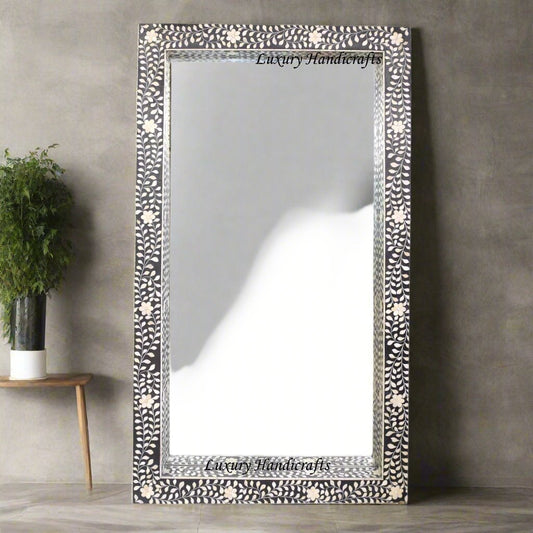 Black Bone Inlay Floral Floor Mirror
