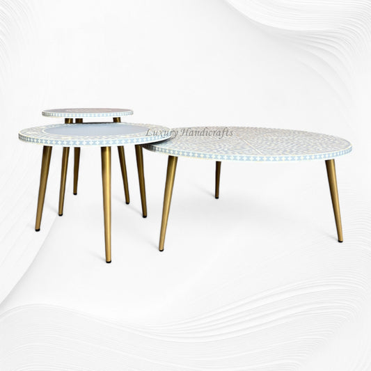 Bone Inlay Floral Nesting Table Set of 3 Grey 1