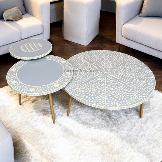 Bone Inlay Floral Nesting Table Set of 3 Grey