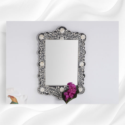 Bone Inlay Floral Scalloped Mirror Black
