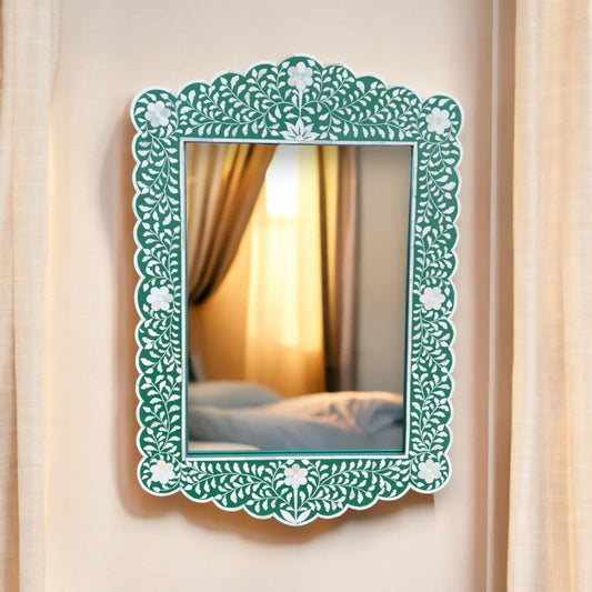 Bone Inlay Floral Scalloped Mirror Green