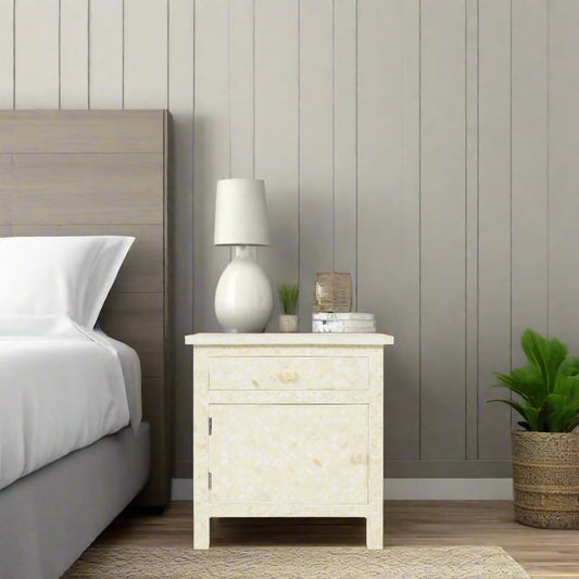 Bone Inlay Geometric Bedside 1 Drawer 1 Door Biege