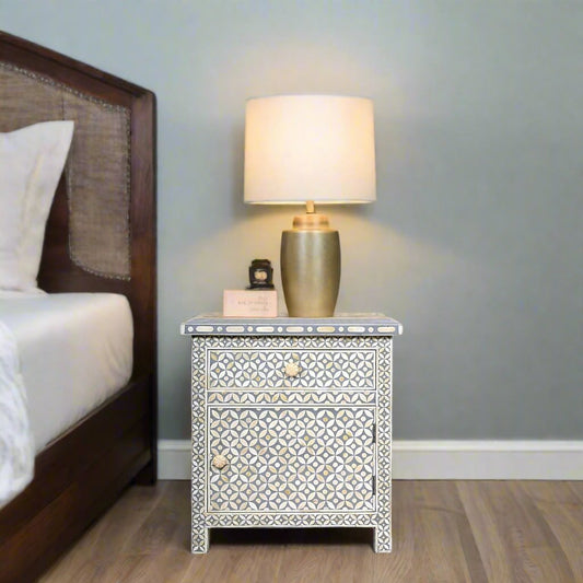 Bone Inlay Geometric Bedside 1 Drawer 1 Door Grey