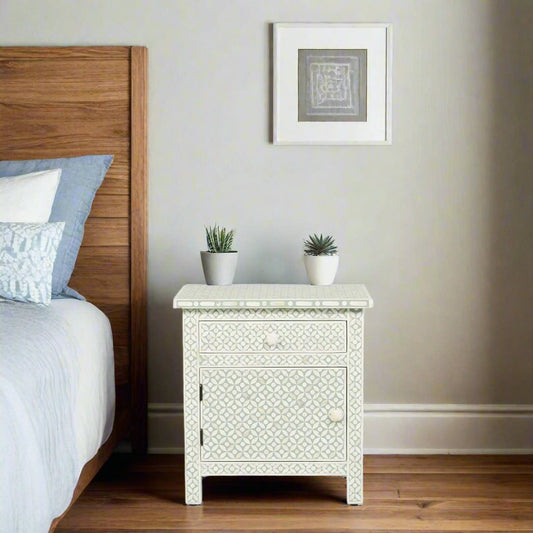 Bone Inlay Geometric Bedside 1 Drawer 1 Door Sage