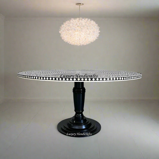 Bone Inlay Round Floral Dining Table Black Slim Base 1