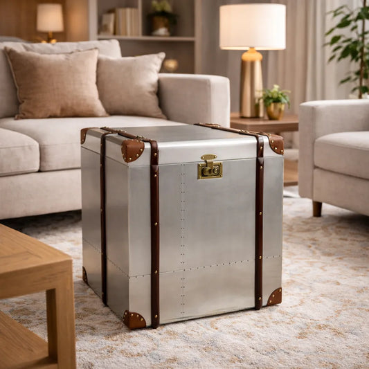 California Aviator Aluminum Trunk with riveted metal panels and leather straps for industrial storage