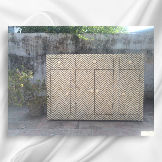 Chevron Bone Inlay Sideboard Grey 3 Drawer 4 Door