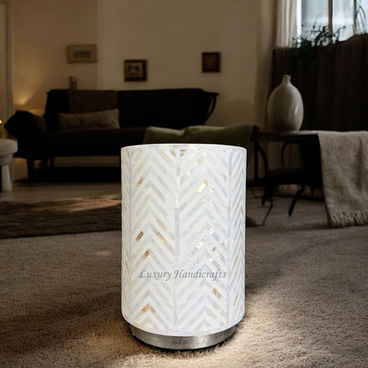 Chevron MOP Inlay Round Stool White Metal 1