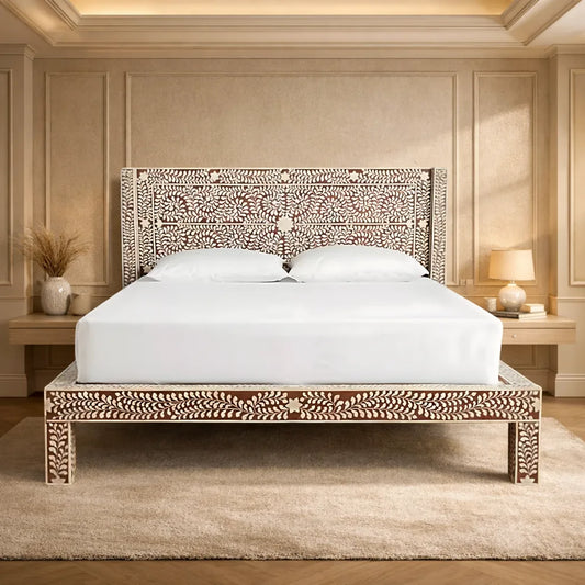 Luxury wooden bed with intricate floral bone inlay design, high-end bedroom with warm, ambient lighting and neutral color palette.