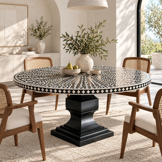 Round dining table with a black and white Mother of pearl inlay top and a black solid wooden base, surrounded by four wooden armchairs in a bright, modern dining room.