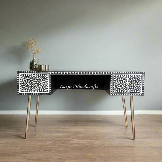 Floral Bone Inlay 2 Drawer Desk Black