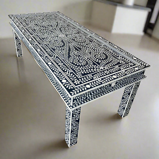 Floral Bone Inlay 8 Seater Dining Table Navy Blue