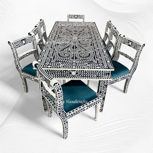 Floral Bone Inlay 8 Seater Dining Table Set Blue 1