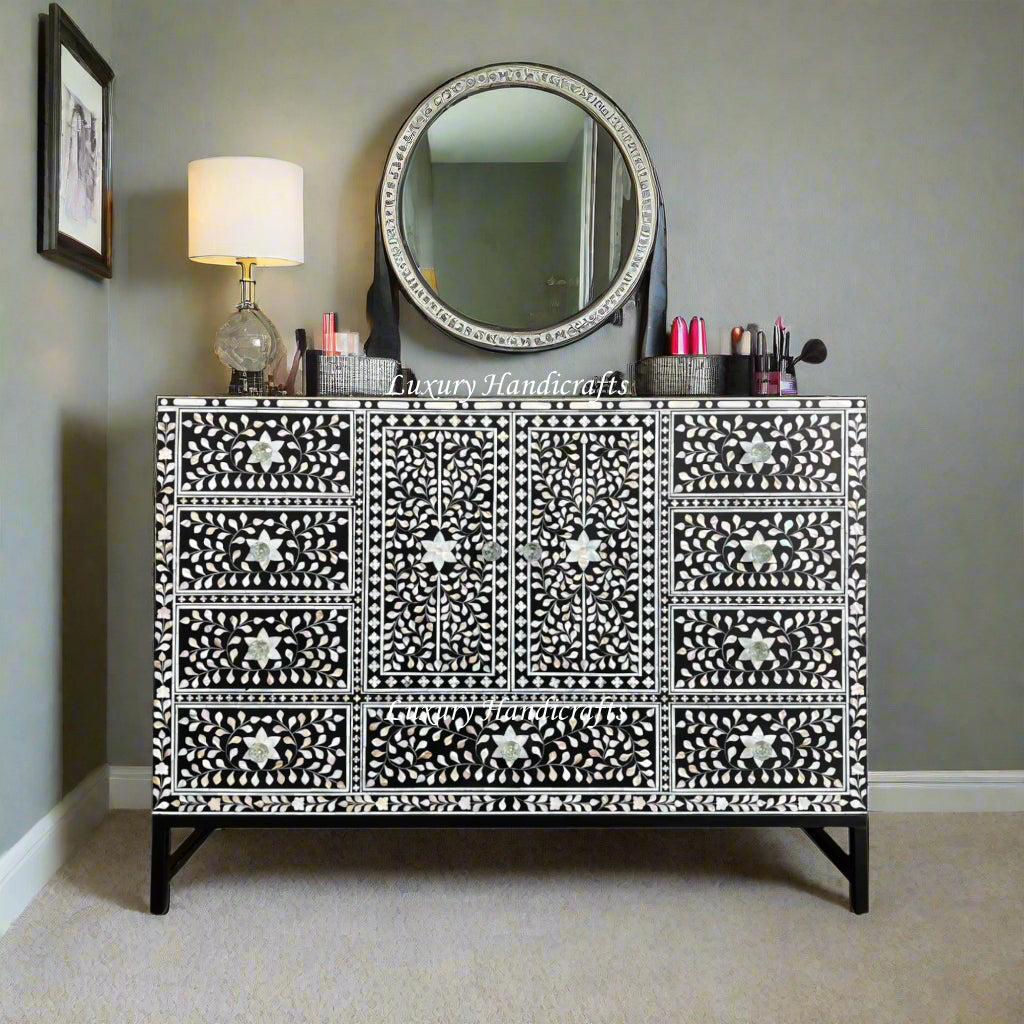 Floral MOP Inlay Bathroom Vanity Black 1