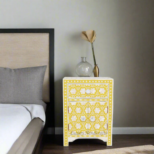 Yellow flower bone inlay bedside table with 1 drawer and 2 doors