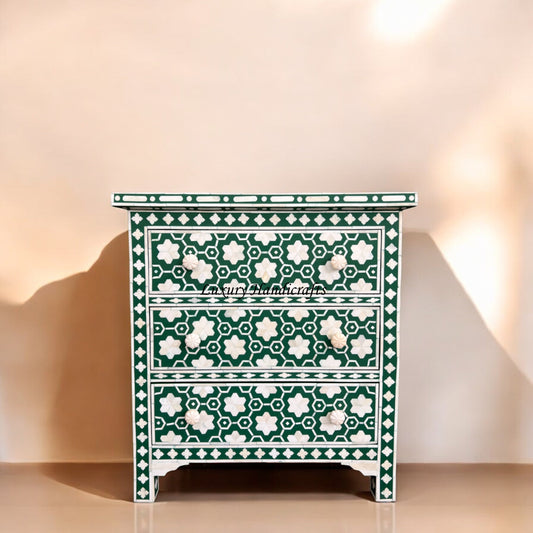 Flower Bone Inlay 3 Drawer Bedside Table in Teal Green – Handmade Wooden Nightstand