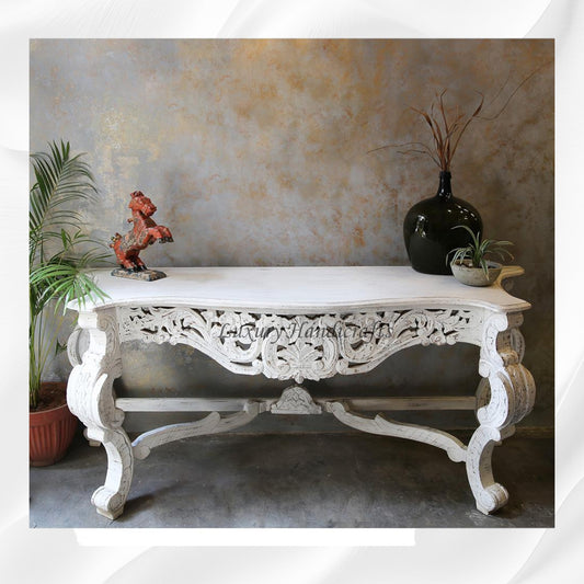 French Style Handcarved Wooden Console White Distress Finish
