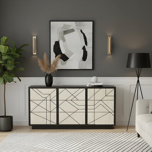 Modern living room with geometric cabinet, abstract art, and decorative elements.
