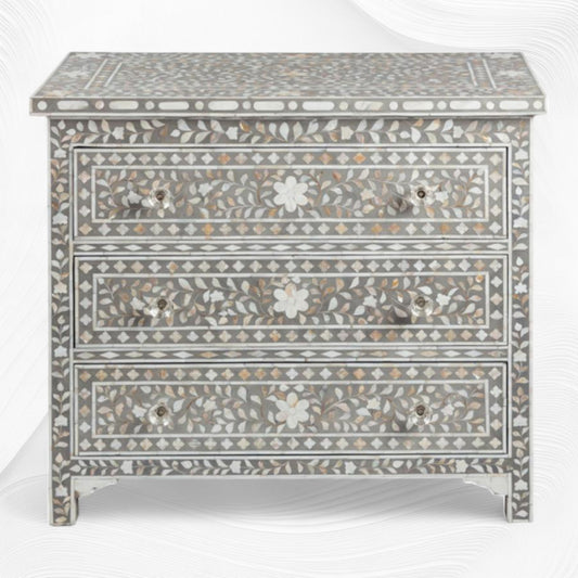 Grey Mother Of Pearl Inlay 3 Drawer Chest Floral